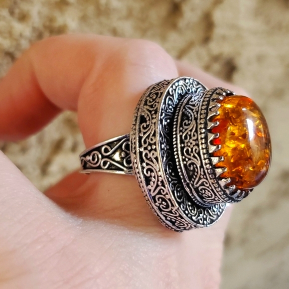 New Baltic Amber Antique Design 925 Silver Statement Ring. - Picture 7 of 16